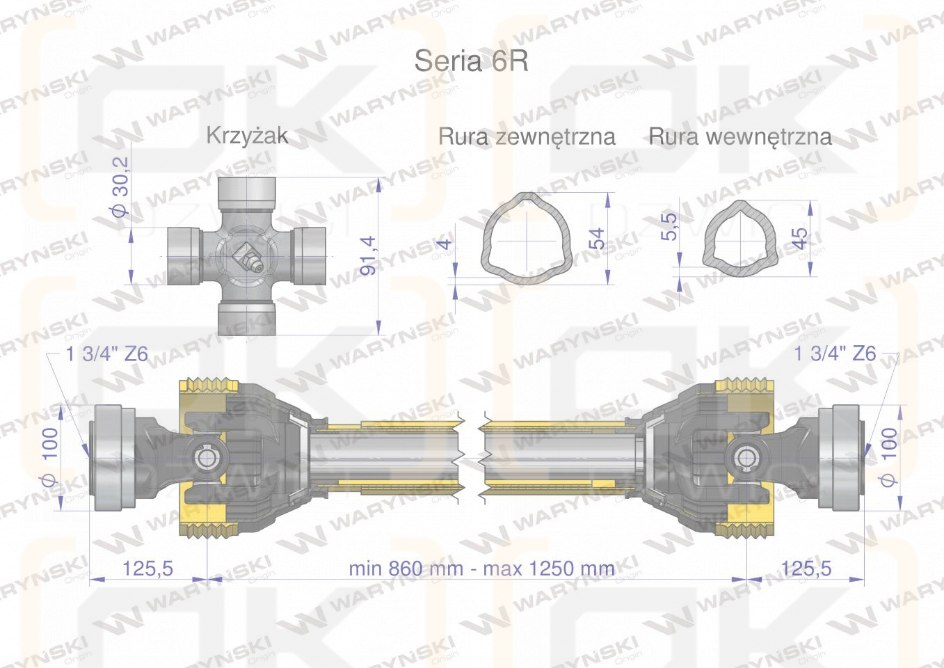 Zapfwelle 860-1250mm 830Nm Z6 - 1 3/4 beidseitig CE 2020 Serie 6R WARYŃSKI