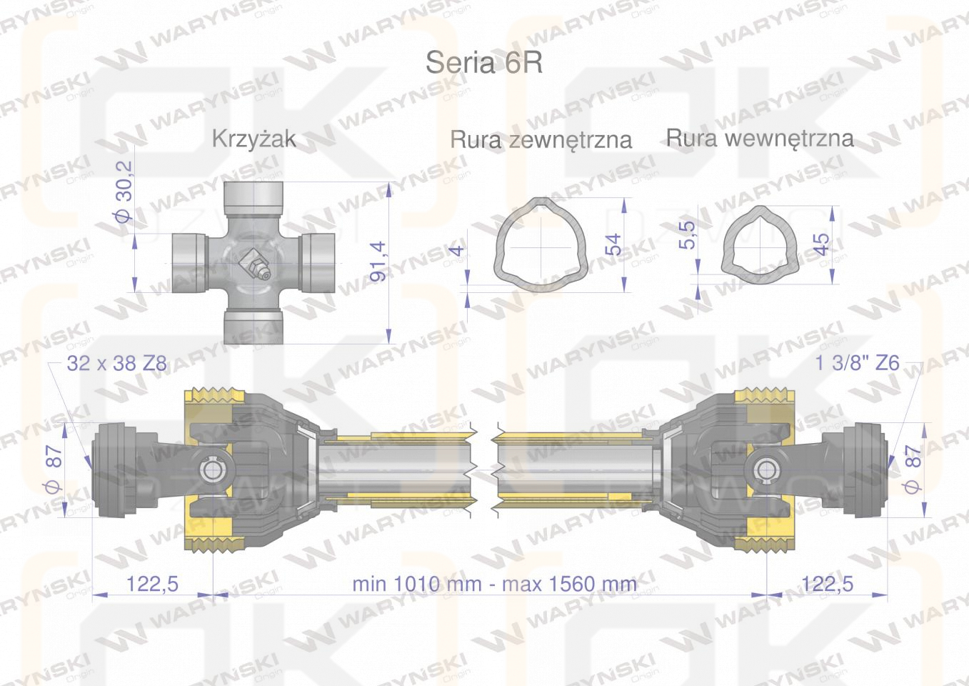 Wał przegubowo-teleskopowy 1010-1560mm 830Nm 32X38 Z8 CE 2020 seria 6R Waryński
