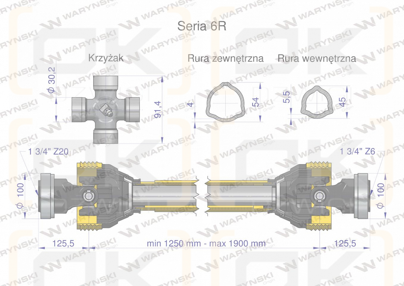 Wał przegubowo-teleskopowy 1250-1900mm 830Nm Z20 - 1 3/4  z drugiej stron Z6 - 1 3/4 CE 2020 seria 6R Waryński