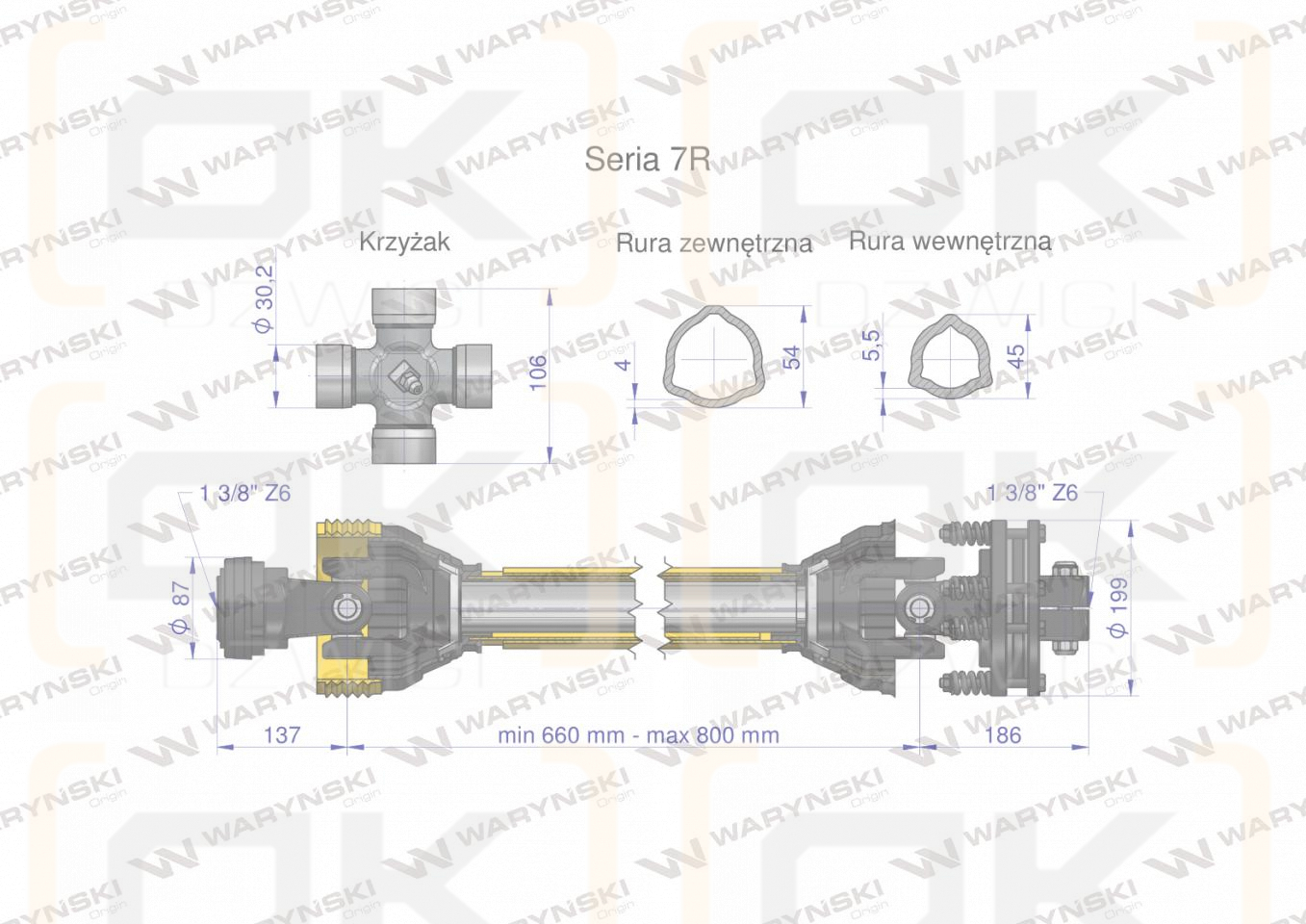 Wał przegubowo-teleskopowy 660-800mm 970Nm sprzęgło cierne 1700Nm CE 2020 seria 7R WARYŃSKI