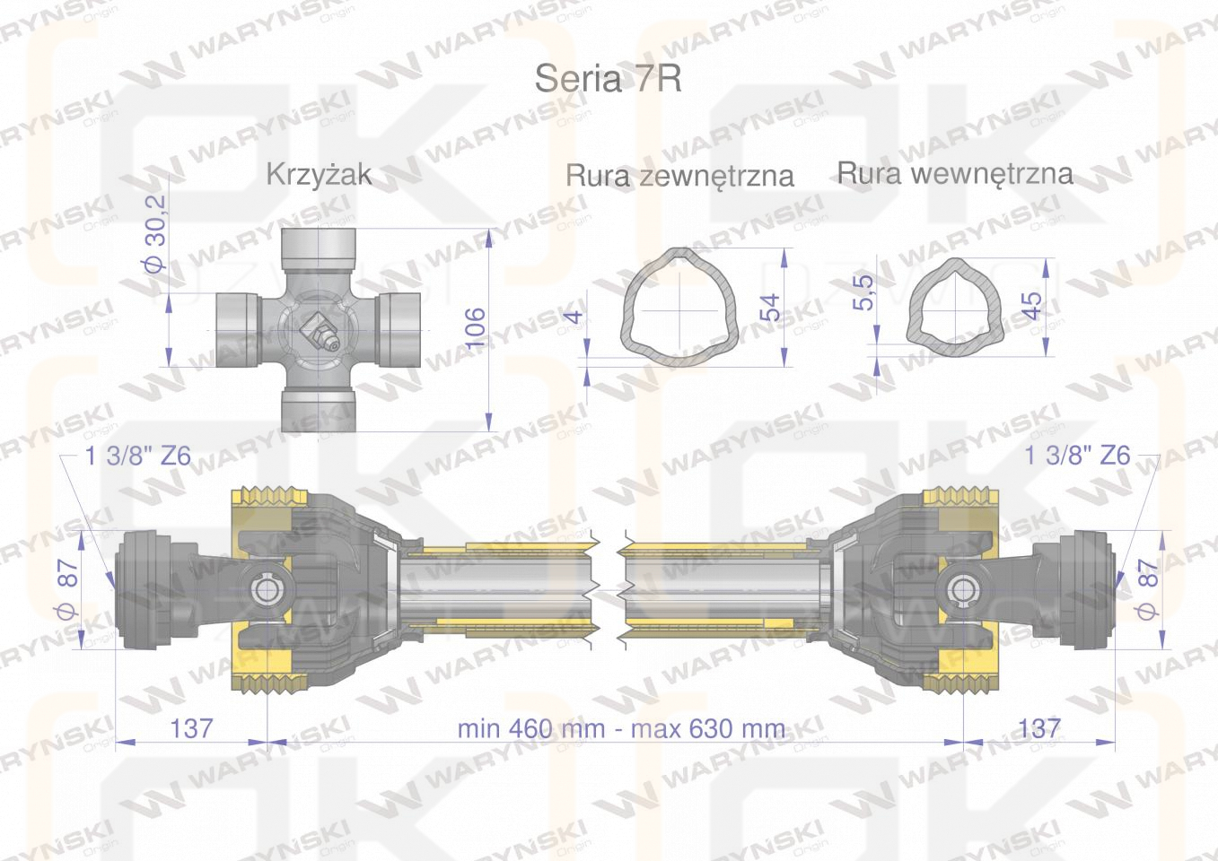 Wał przegubowo-teleskopowy 460-630mm 970Nm CE 2020 seria 7R Waryński