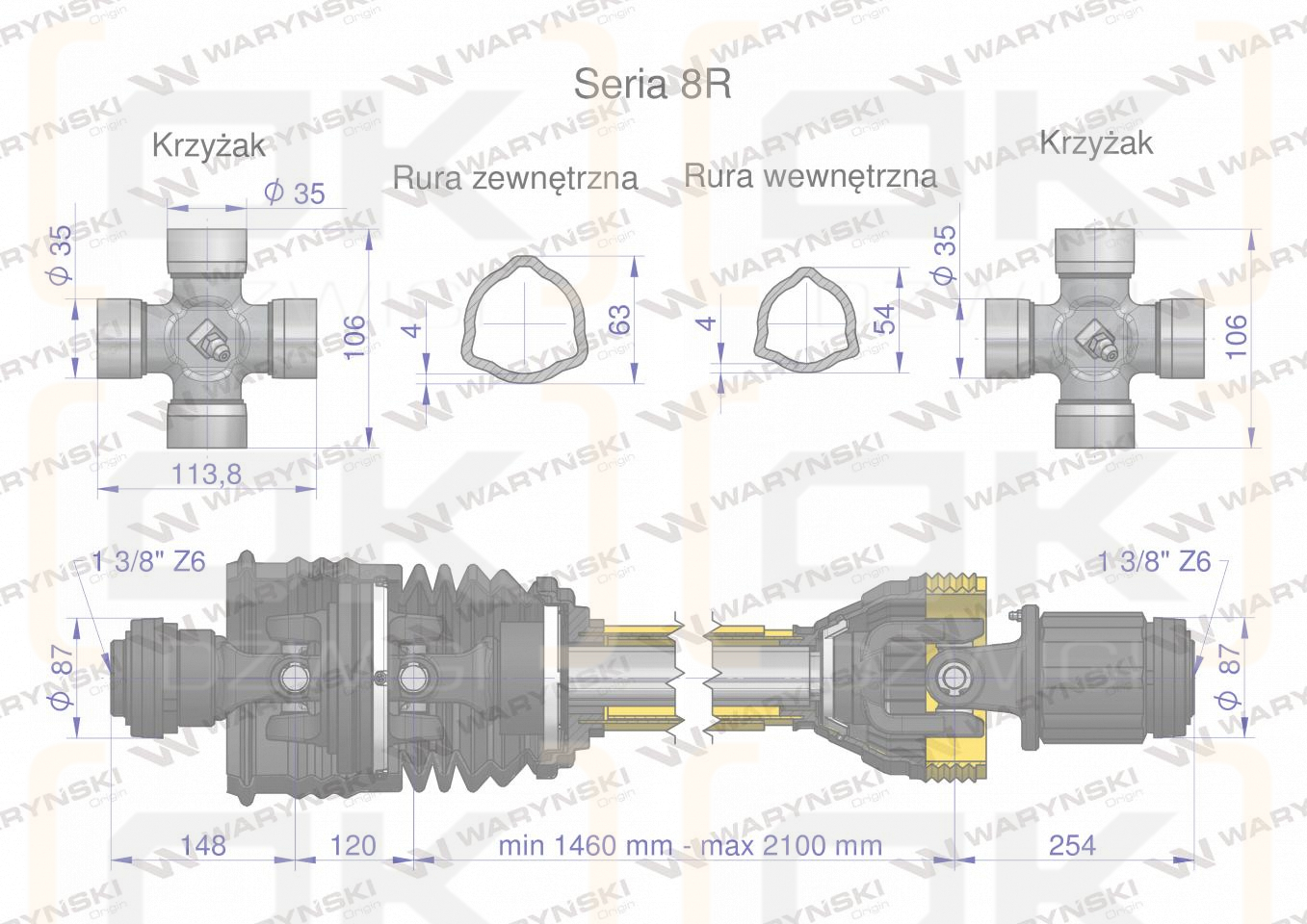 Wał, przegubowo-teleskopowy 1460-2100mm 1240Nm szerokokątny z drugiej strony sprzęgło zapadkowe 1700Nm CE 2020 seria 8R, Waryński