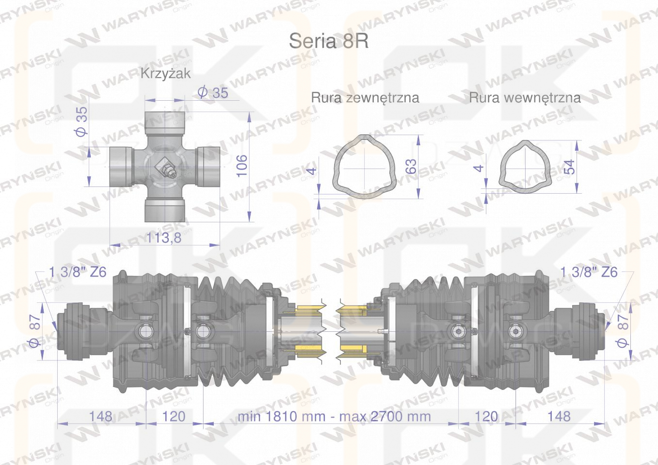 Wał, przegubowo-teleskopowy 1810-2700m 1240Nm szerokokątny z dwóch stron CE 2020 seria 8R, Waryński