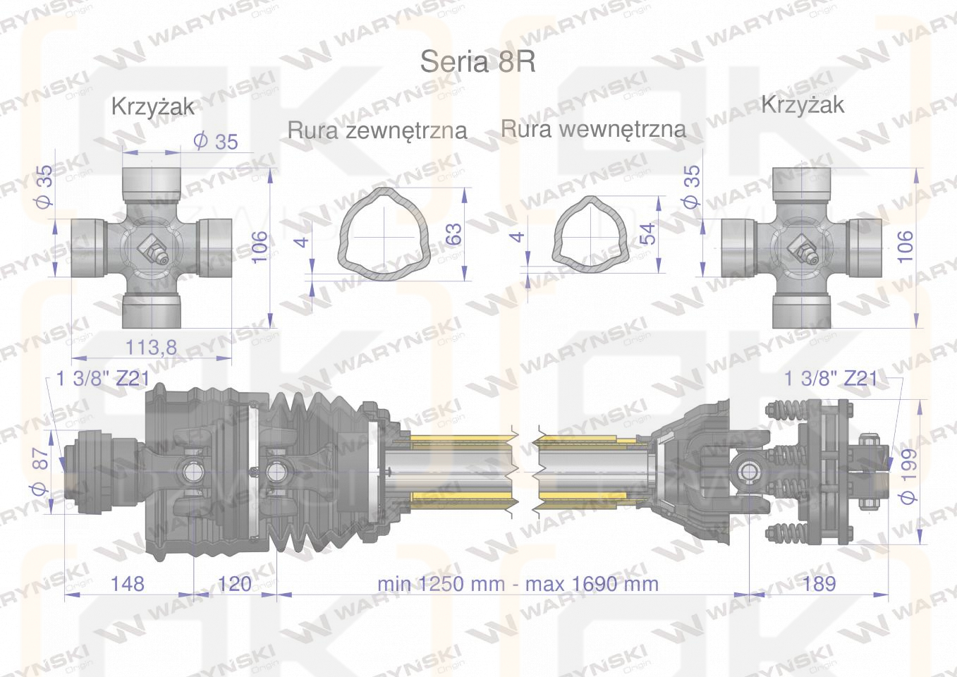 Wał przegubowo-teleskopowy 1250-1690mm 1240Nm szerokokątny Z21 z drugiej strony sprzęgło cierne 2000 Nm Z21 CE 2020 seria 8R Waryński
