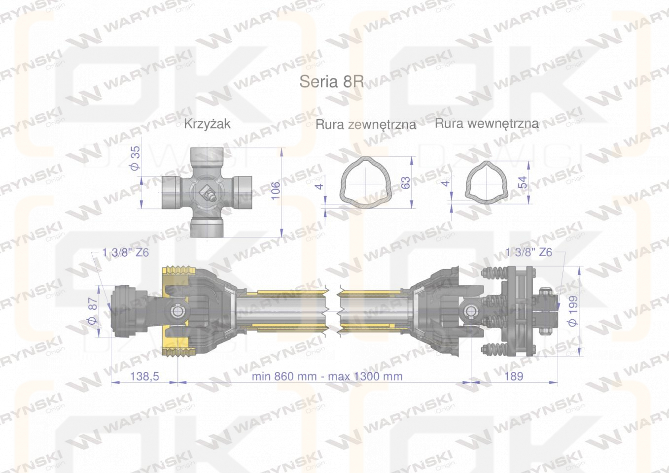 Wał przegubowo-teleskopowy 860-1300mm 1240Nm sprzęgło cierne 2000Nm CE 2020 seria 8R Waryński