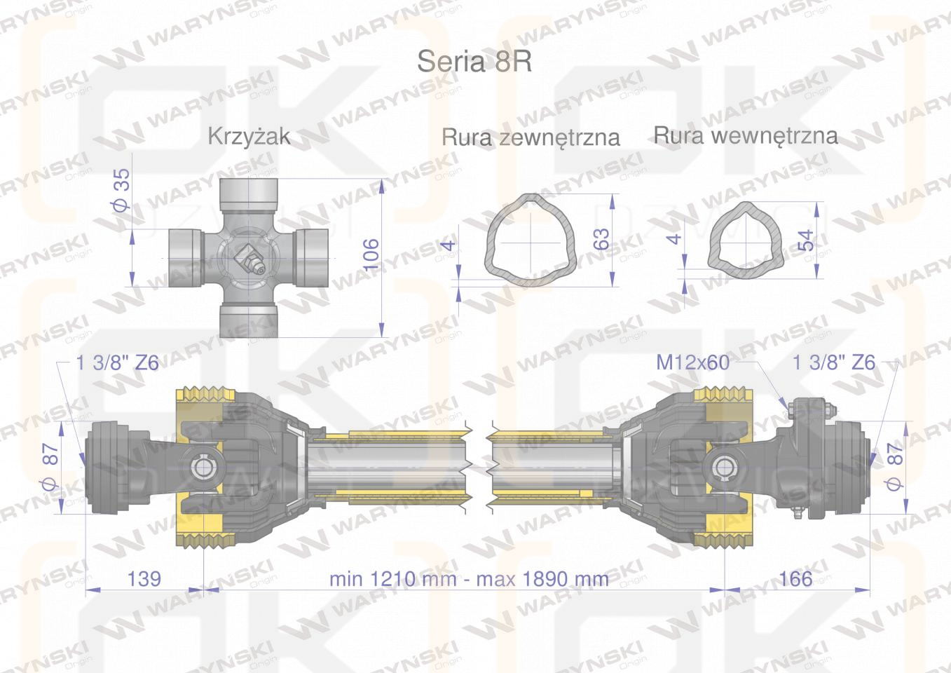 Wał przegubowo-teleskopowy 1210-1890mm 1240Nm sprzęgło z kołkiem 3000 Nm CE 2020 seria 8R Waryński