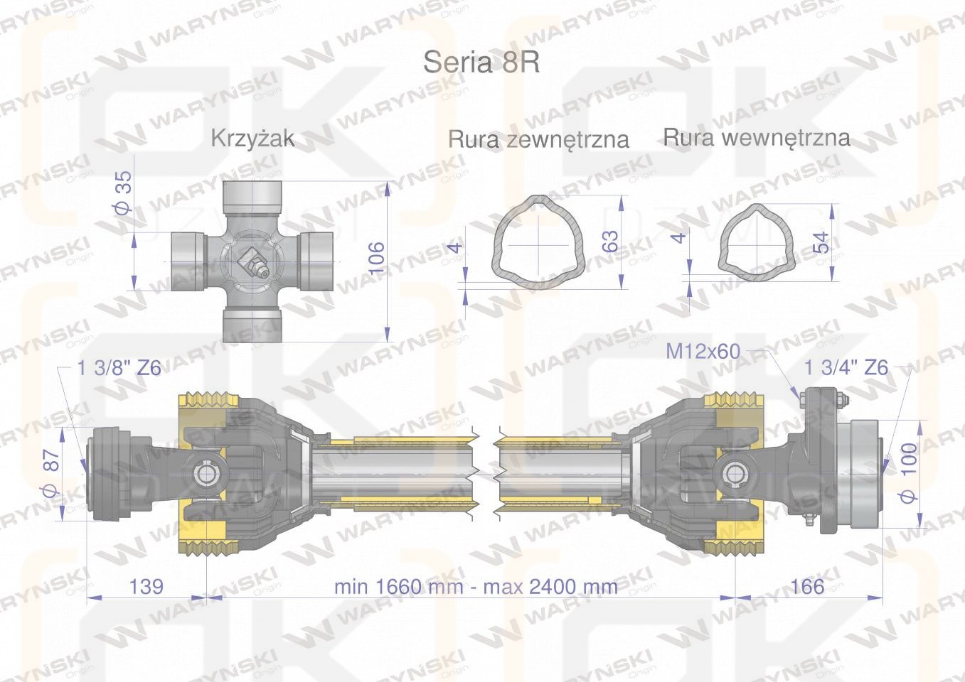 Wał, przegubowo-teleskopowy 1660-2400mm 1240Nm sprzęgło z kołkiem 3000Nm Z6 - 1 3/4 CE 2020 seria 8R, Waryński