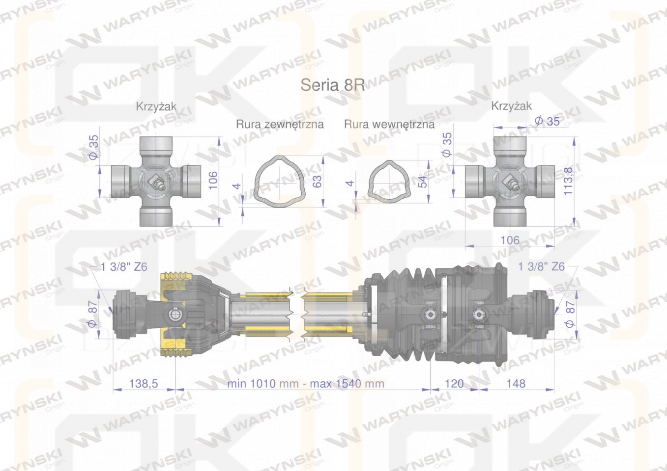 Wał przegubowo-teleskopowy 1010-1540mm 1240Nm szerokokątny CE 2020 seria 8R Waryński