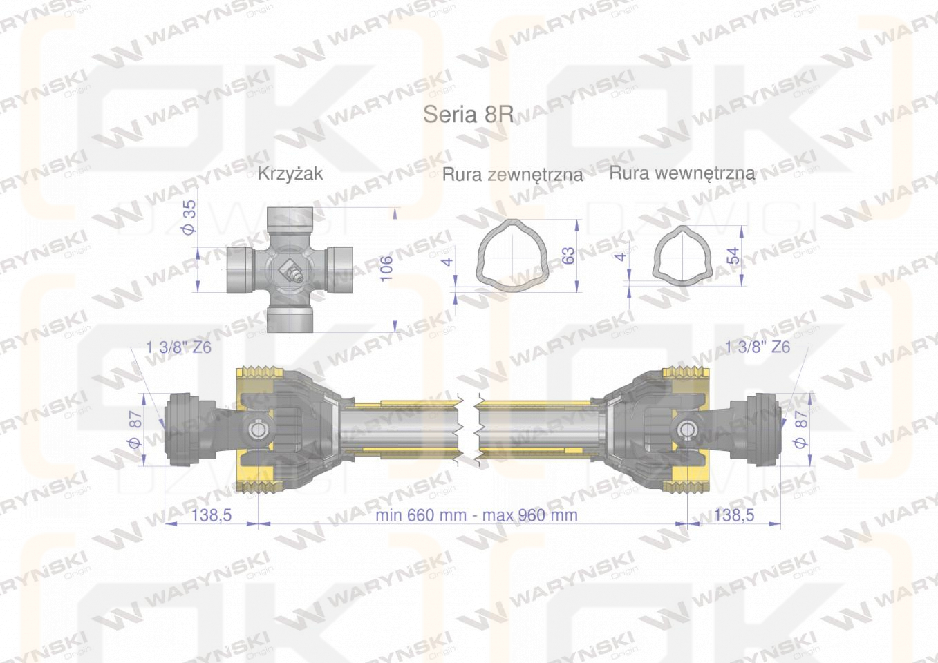 Wał przegubowo-teleskopowy 660-960mm 1240Nm CE 2020 seria 8R Waryński