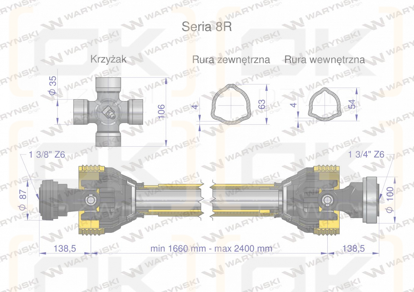 Wał przegubowo-teleskopowy 1660-2400mm 1240Nm Z6 - 1 3/4 CE 2020 seria 8R Waryński