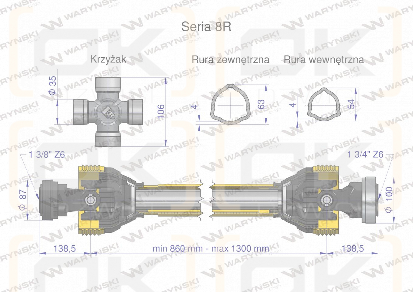 Wał przegubowo-teleskopowy 860-1300mm 1240Nm Z6 - 1 3/4 CE 2020 seria 8R Waryński