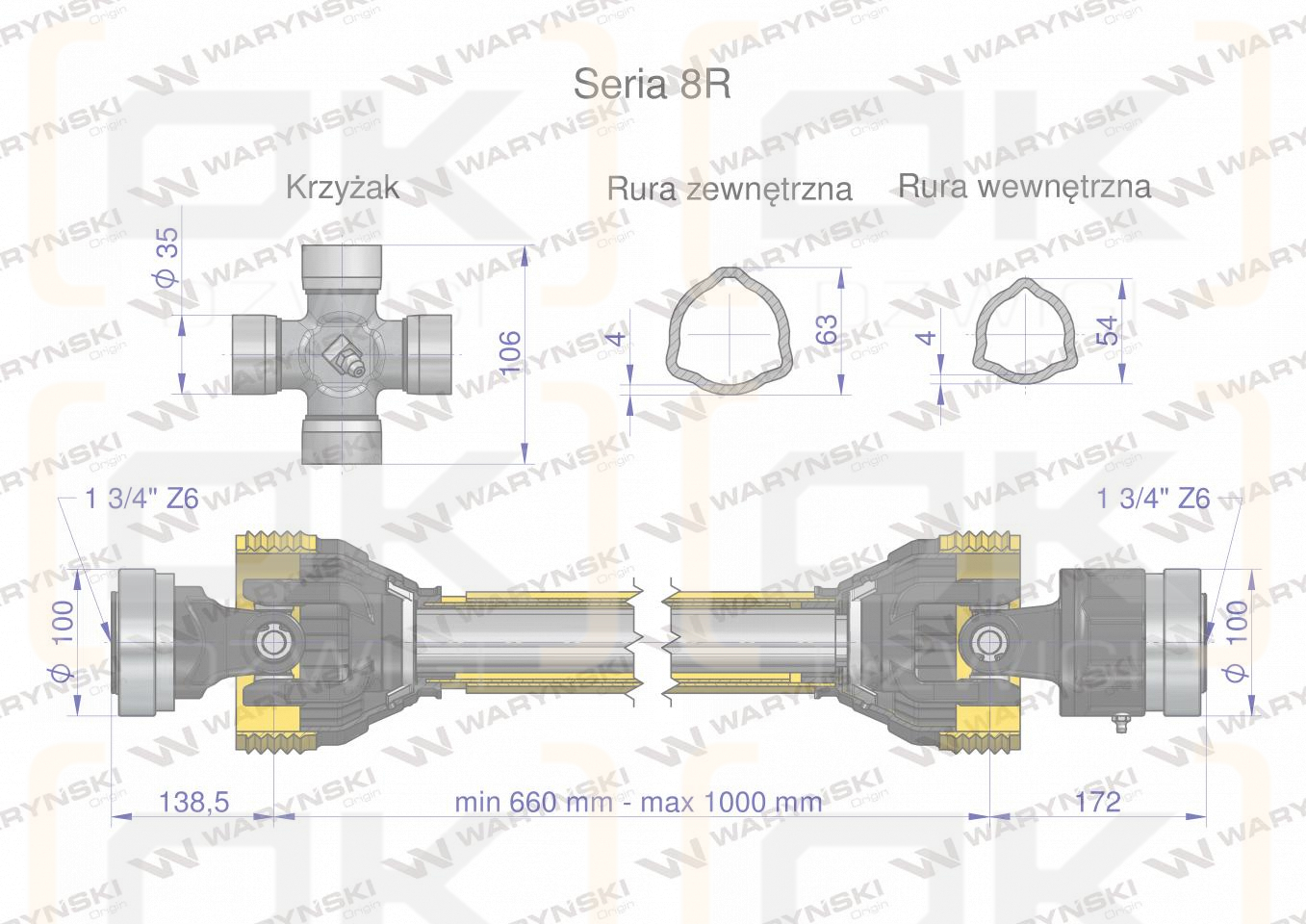 Eje articulado telescópico 660-1000 mm 1240 Nm Z6 - 1 3/4 en el otro lado embrague unidireccional Z6 - 1 3/4 CE 2020 serie 8R, Waryński