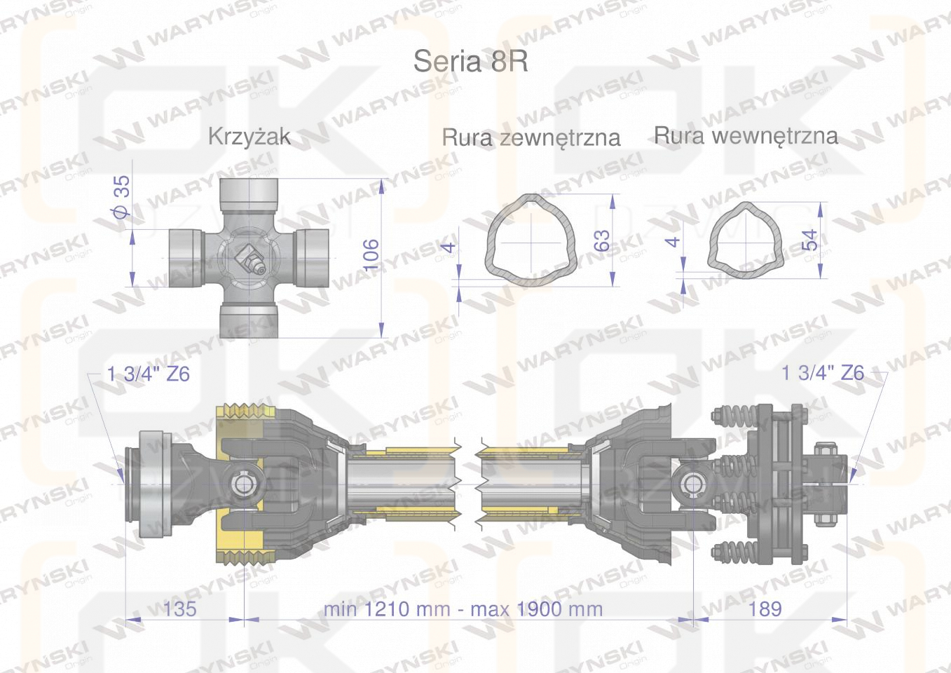 Wał przegubowo-teleskopowy 1210-1900mm 1240Nm Z6 - 1 3/4 z drugiej strony sprzęgło cierne 1700Nm Z6 - 1 3/4 CE CE 2020 seria 8R Waryński
