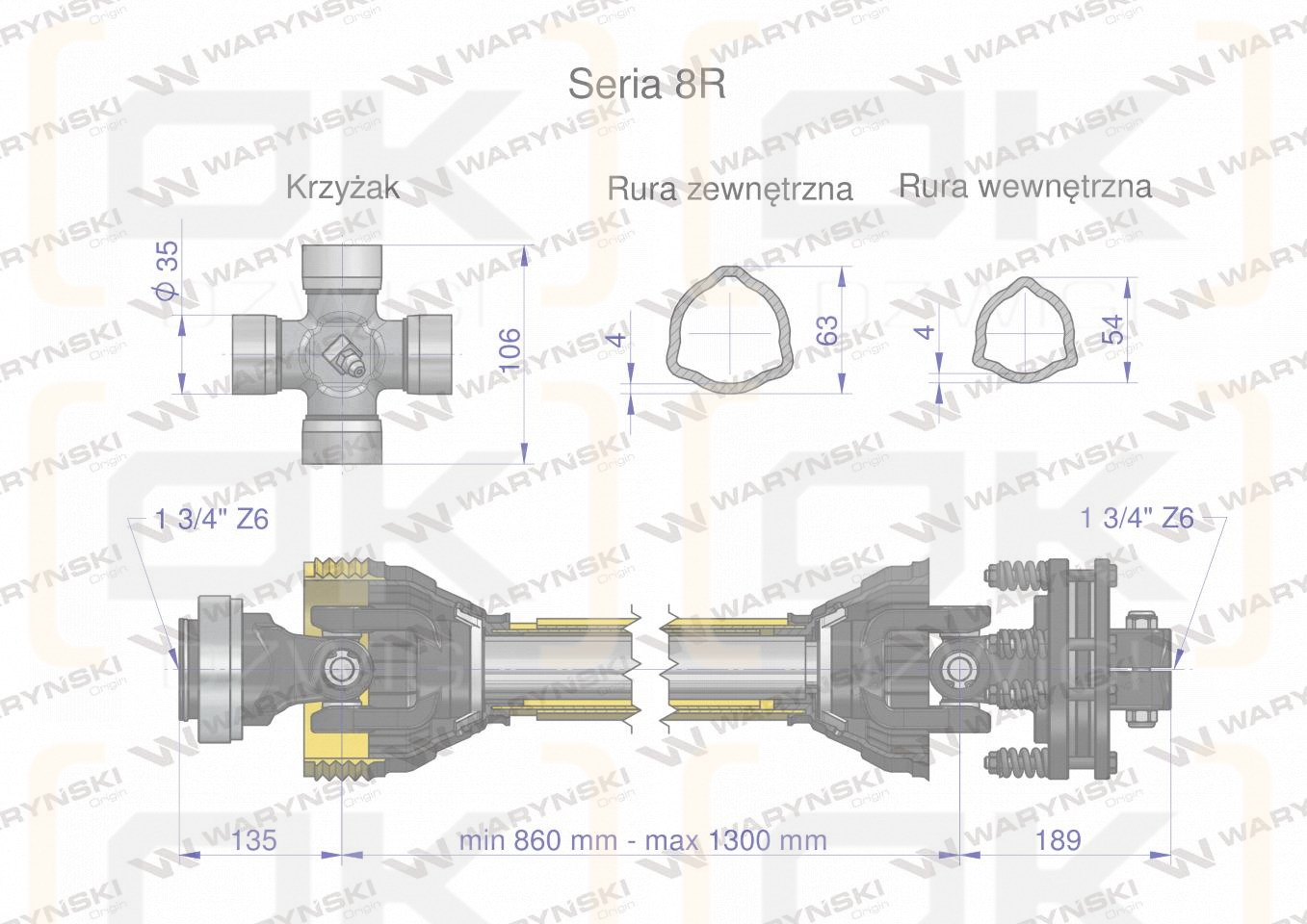 Wał przegubowo-teleskopowy 860-1300mm 1240Nm  Z6 - 1 3/4 z drugiej strony sprzęgło cierne 1700Nm Z6 - 1 3/4 CE CE 2020 seria 8R Waryński