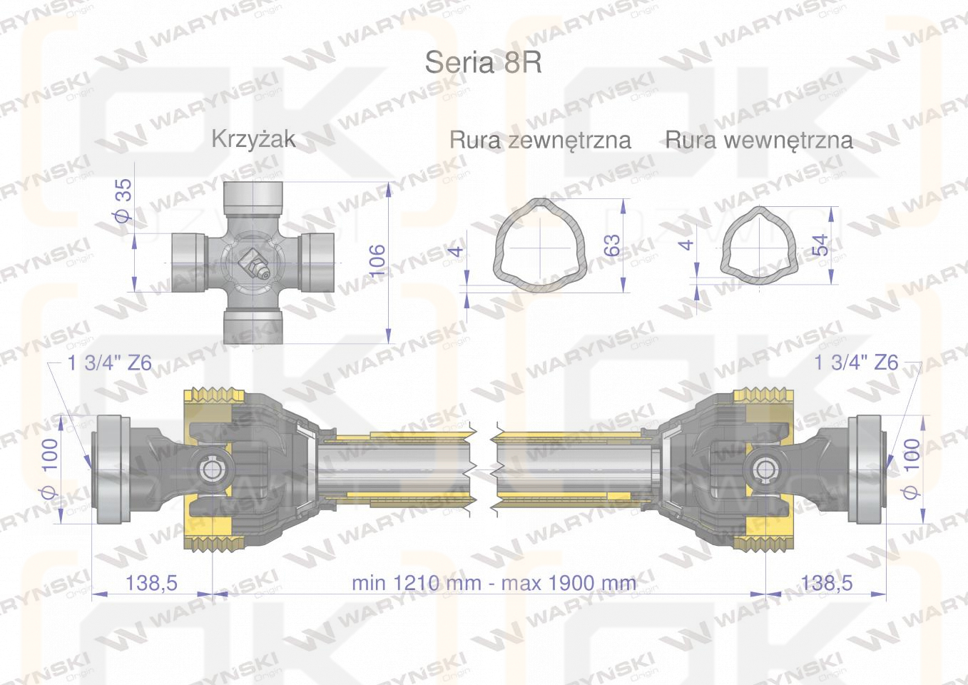 Wał przegubowo-teleskopowy 1210-1900mm 1240Nm Z6 - 1 3/4 z dwóch stron CE 2020 seria 8R Waryński