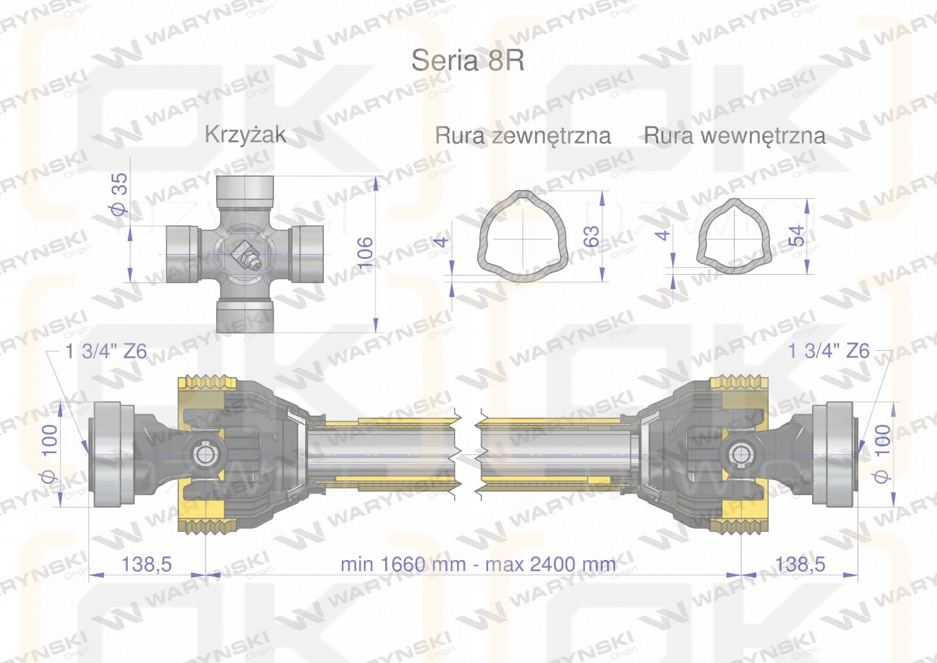 Wał, przegubowo-teleskopowy 1660-2400mm 1240Nm Z6 - 1 3/4 z dwóch stronCE 2020 seria 8R, Waryński
