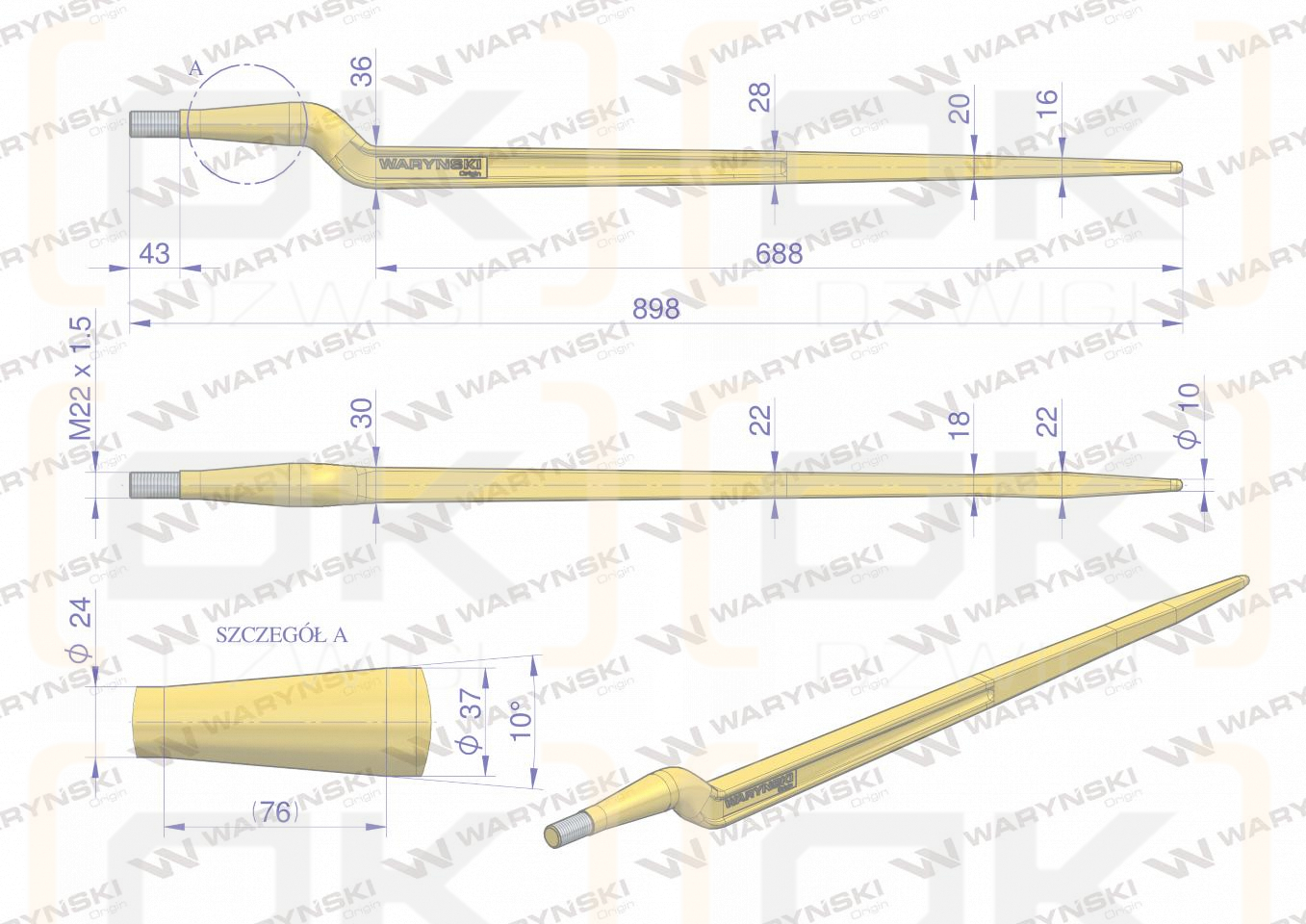 Ząb ładowacza uniwersalny Z L- 880 mm na tuleję od zębów prostych Tur WARYŃSKI
