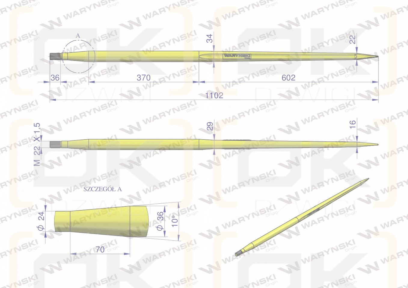 Ząb ładowacza uniwersalny prosty L- 1100 mm zastosowanie 5193-RT1 Tur WARYŃSKI