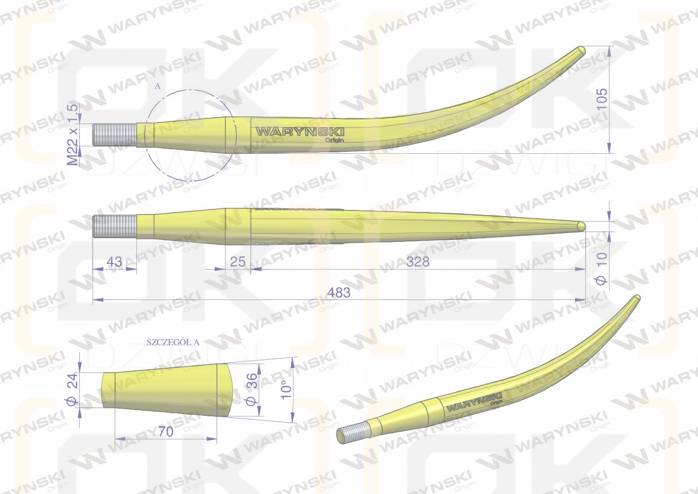 Ząb ładowacza wygięty zamykający L- 480 mm chwytak ( krokodyl) Tur WARYŃSKI