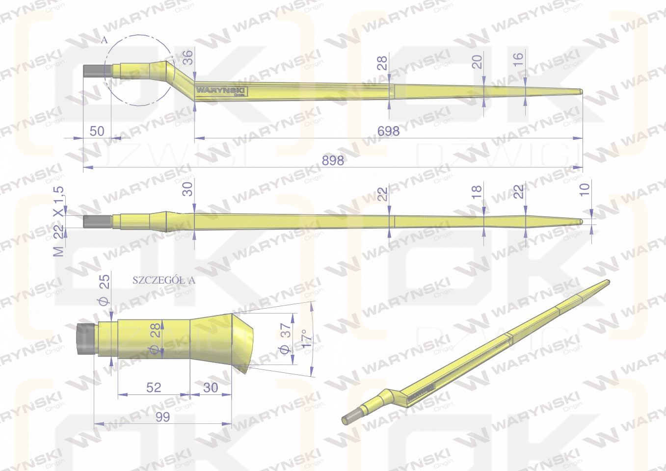 Ząb ładowacza uniwersalny Z L- 880 mm zastosowanie 5193-FT88N Tur WARYŃSKI