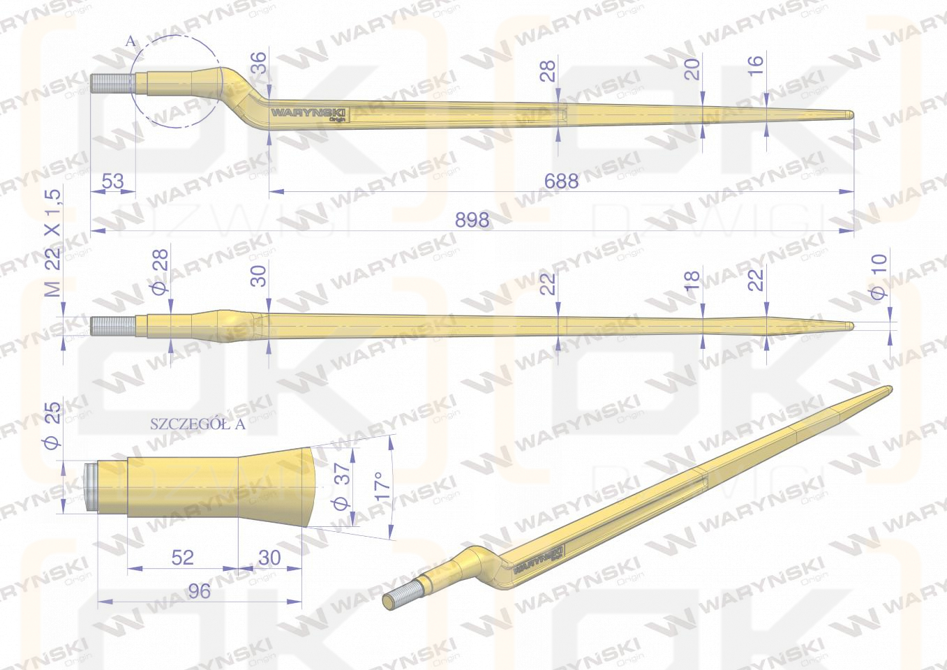 Ząb ładowacza uniwersalny Z L- 880 mm zastosowanie 5193-FT88N Tur WARYŃSKI