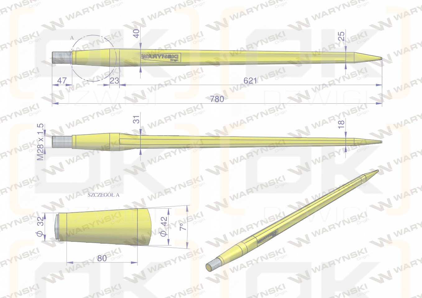 Ząb ładowacza CIĘŻKI uniwersalny prosty L- 780 mm Tur na tuleję W-5791200 WARYŃSKI