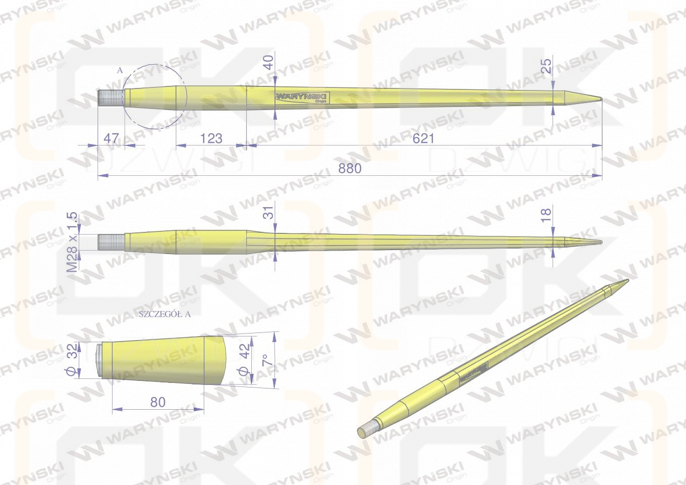 Ząb ładowacza CIĘŻKI uniwersalny prosty L- 880 mm Tur na tuleję W-5791200 WARYŃSKI