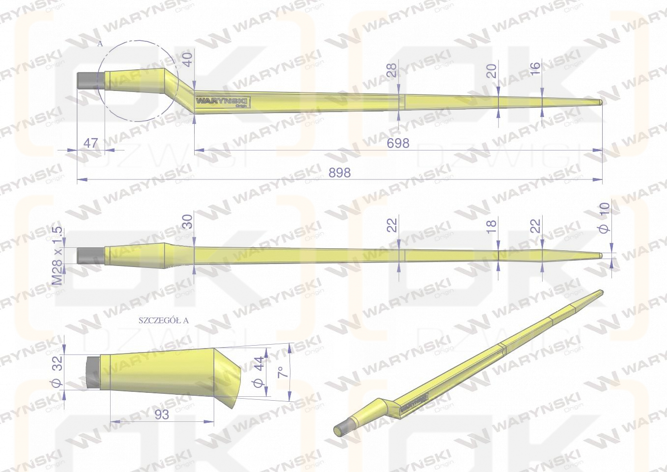 Ząb ładowacza CIĘŻKI uniwersalny Z L- 880 mm Tur na tuleję W-5791200 WARYŃSKI