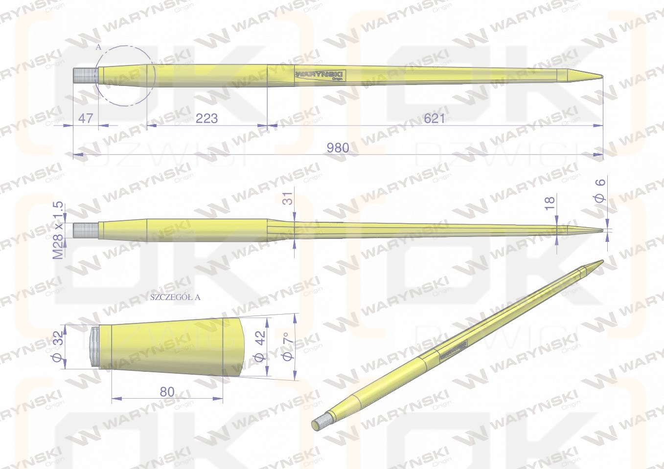 Ząb ładowacza CIĘŻKI uniwersalny prosty L- 980 mm Tur na tuleję W-5791200 WARYŃSKI