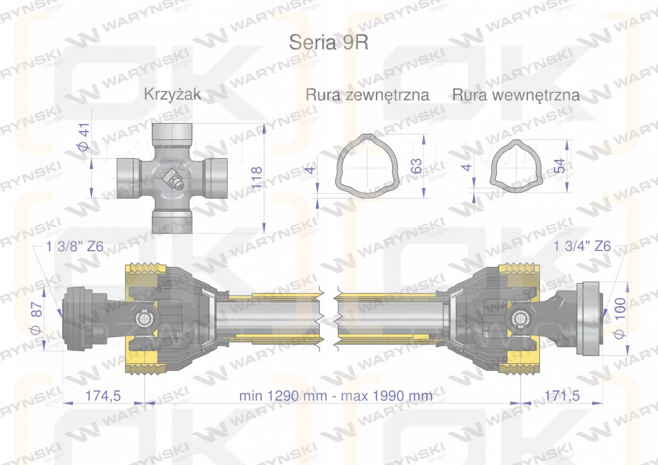 Wał przegubowo-teleskopowy 1290-1990mm 1890Nm Z6 - 1 3/4  CE 2020 seria 9R Waryński