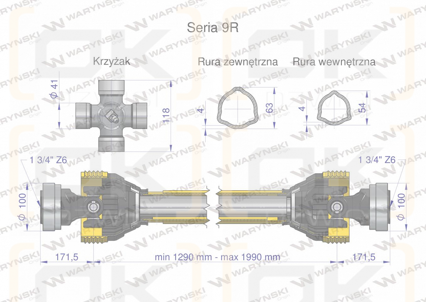 Shaft, articulated telescopic 1290-1990mm 1890Nm Z6 - 1 3/4 on two sides CE 2020 series 9R Waryński, Waryński