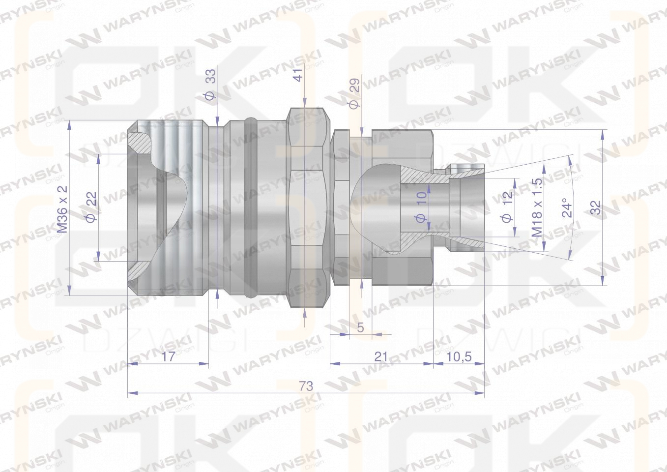 Szybkozłącze hydrauliczne skręcane gniazdo M18x1.5 gwint zewnętrzny 300bar Waryński