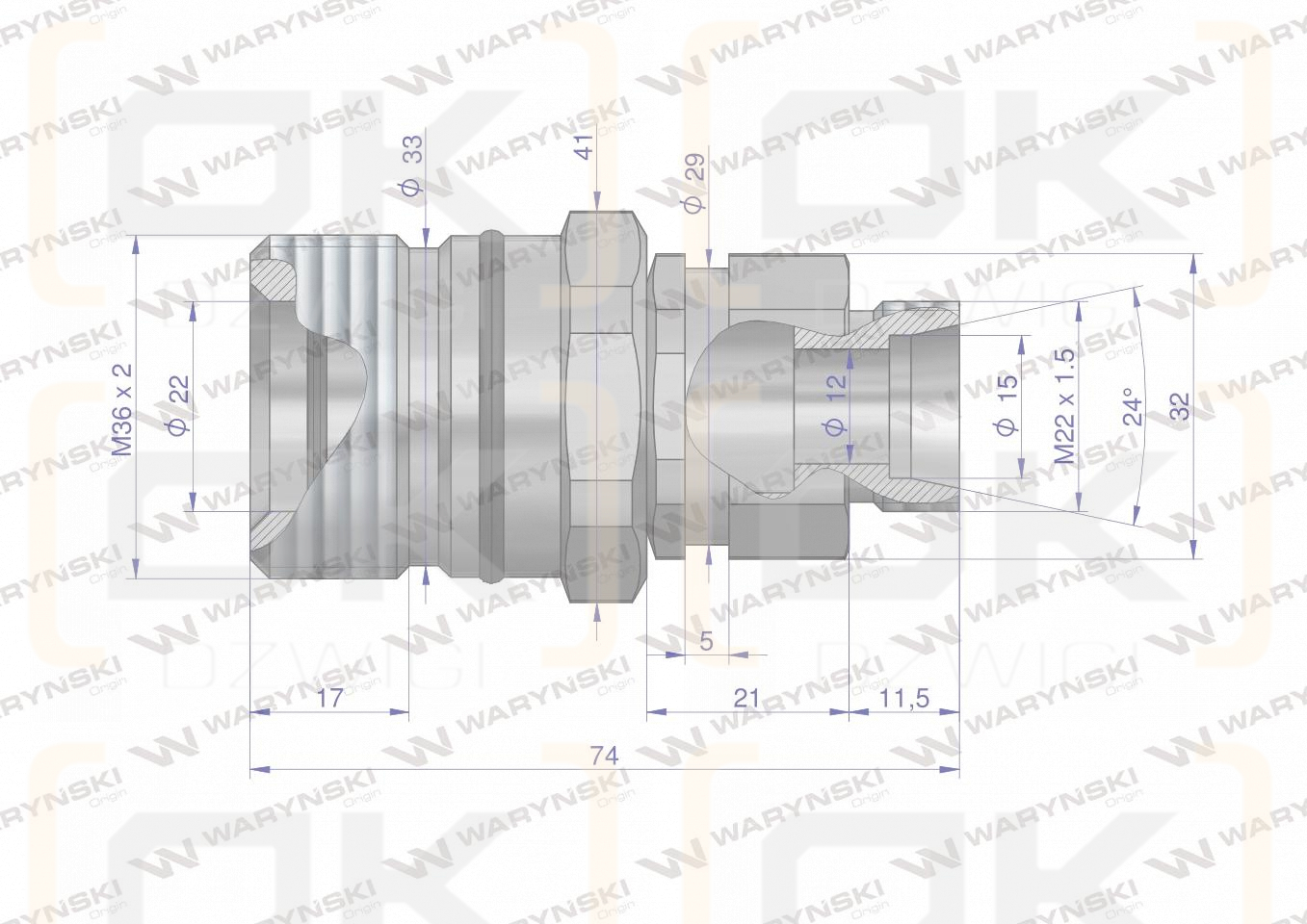 Szybkozłącze hydrauliczne skręcane gniazdo M22x1.5 gwint zewnętrzny 300bar Waryński