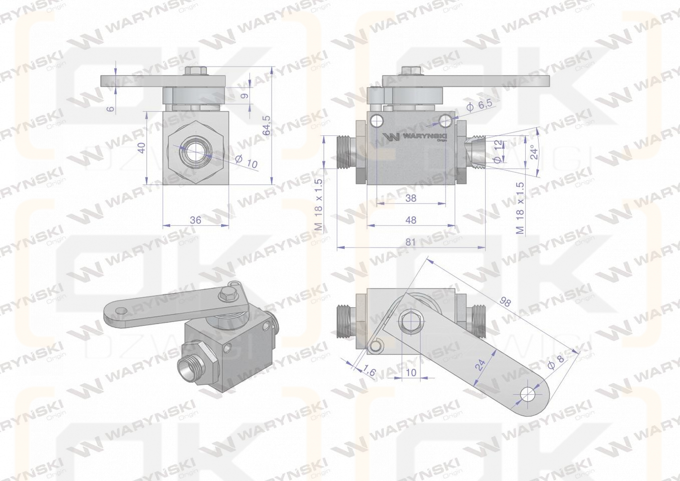 Zawór odcinająco-zwrotny (ogranicznik posuwu/skoku) 2/2 M18x1.5 12L z otworami mocującymi 350 bar Waryński