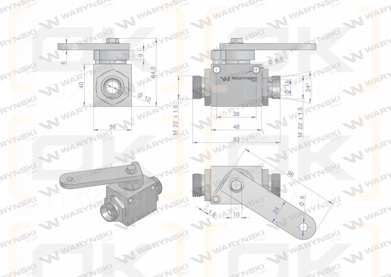 Zawór odcinająco-zwrotny (ogranicznik posuwu/skoku) 2/2 M22x1.5 15L z otworami mocującymi 350 bar Waryński