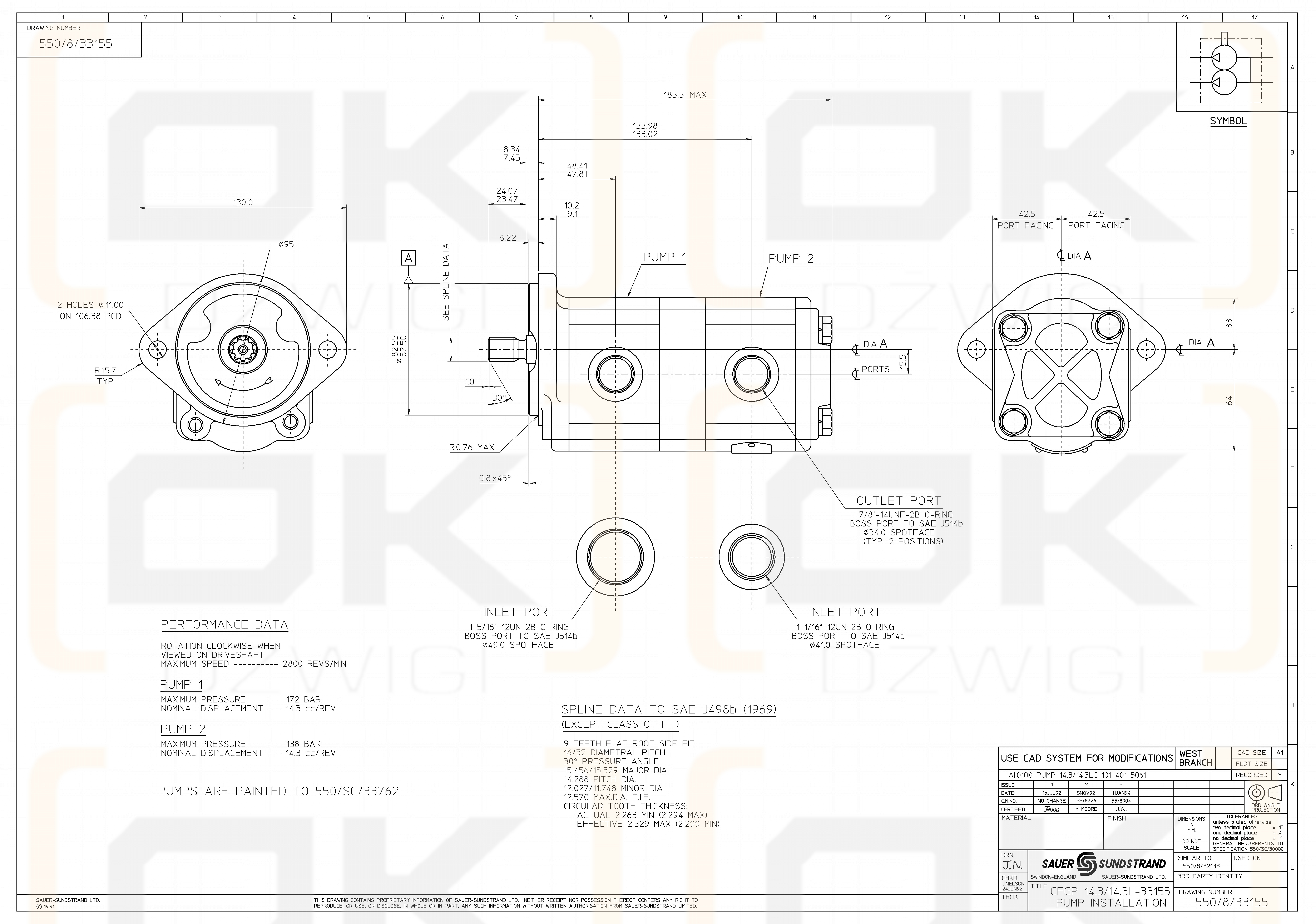 Шестеренчатый гидравлический насос Sauer Danfoss Dynamatic C14.3/14.3L 33155