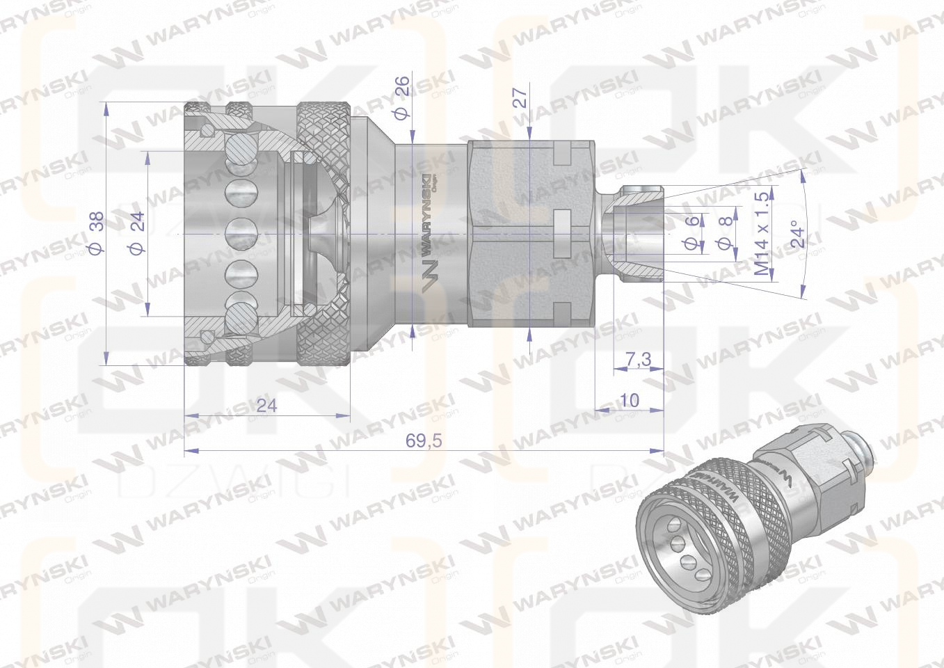 Szybkozłącze hydrauliczne gniazdo M14x1.5 gwint zewnętrzny EURO (9100814G) (ISO 7241-A) Waryński