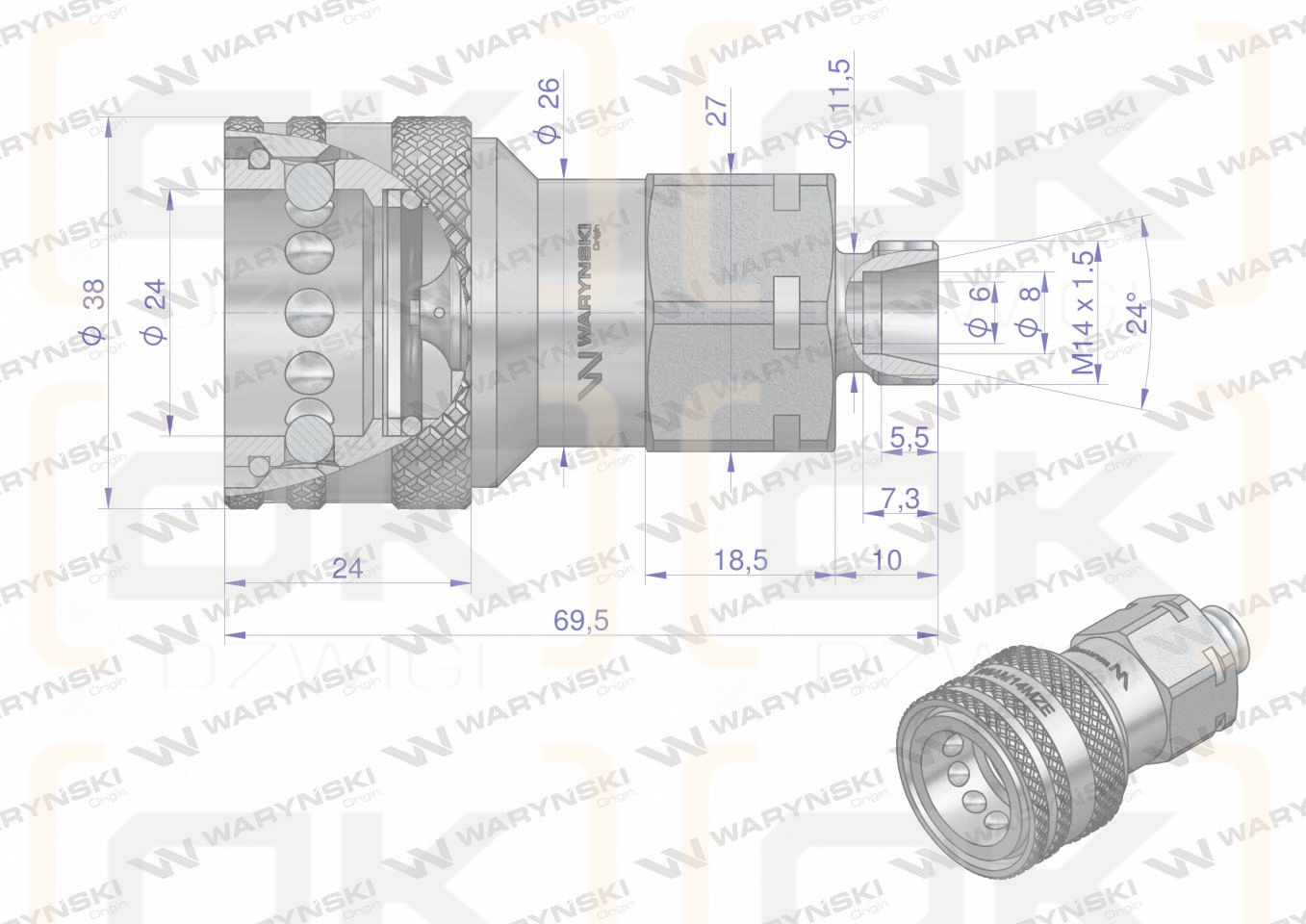 Szybkozłącze hydrauliczne gniazdo M14x1.5 gwint zewnętrzny EURO (ISO 7241-A) z eliminatorem ciśnienia Waryński