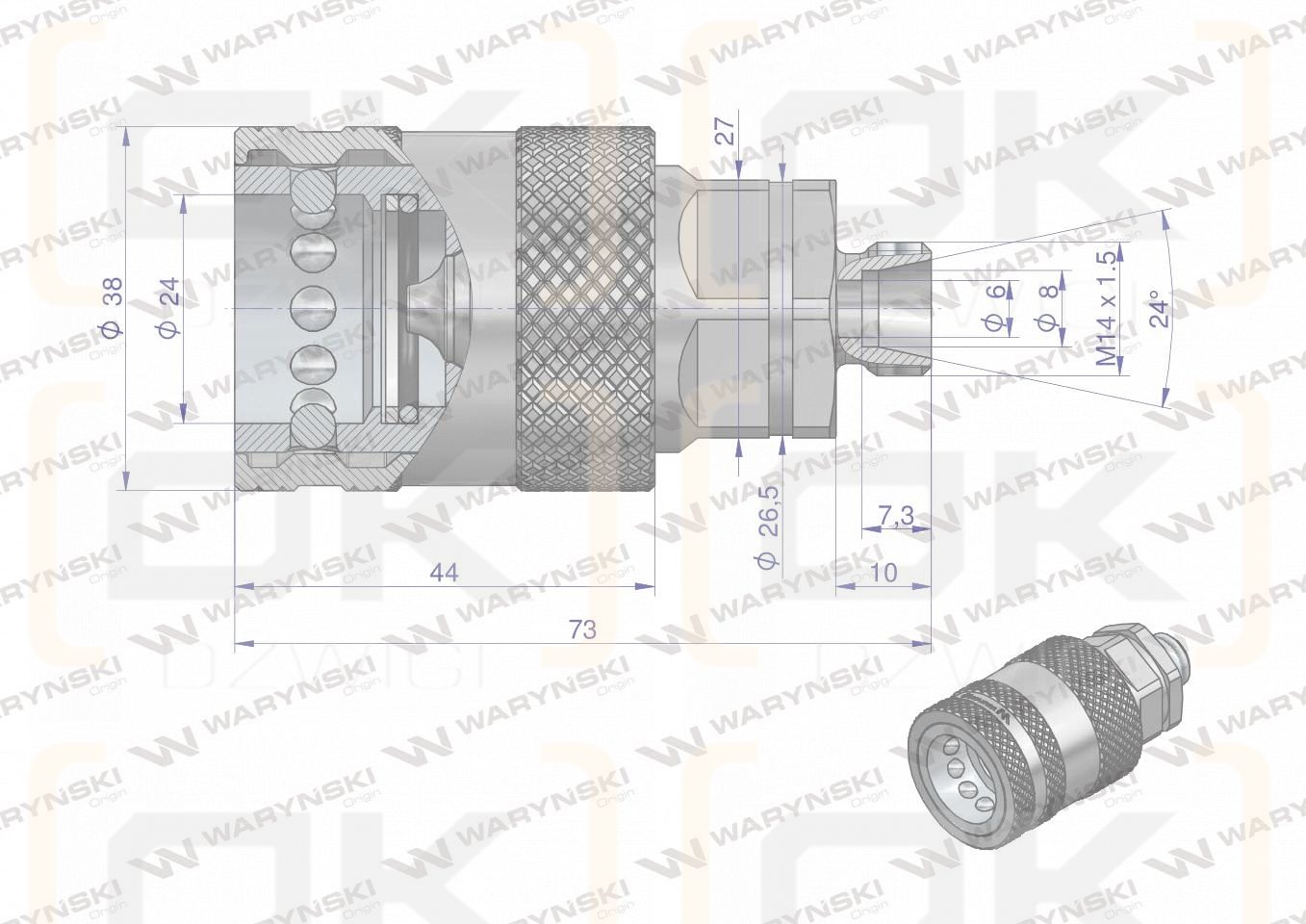 Szybkozłącze hydrauliczne gniazdo M14x1.5 gwint zewnętrzny EURO PUSH-PULL (9100814G) (ISO 7241-A) Waryński