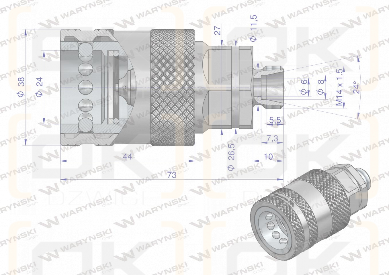 Szybkozłącze hydrauliczne gniazdo M14x1.5 gwint zewnętrzny EURO PUSH-PULL  (ISO 7241-A) z eliminatorem ciśnienia Waryński