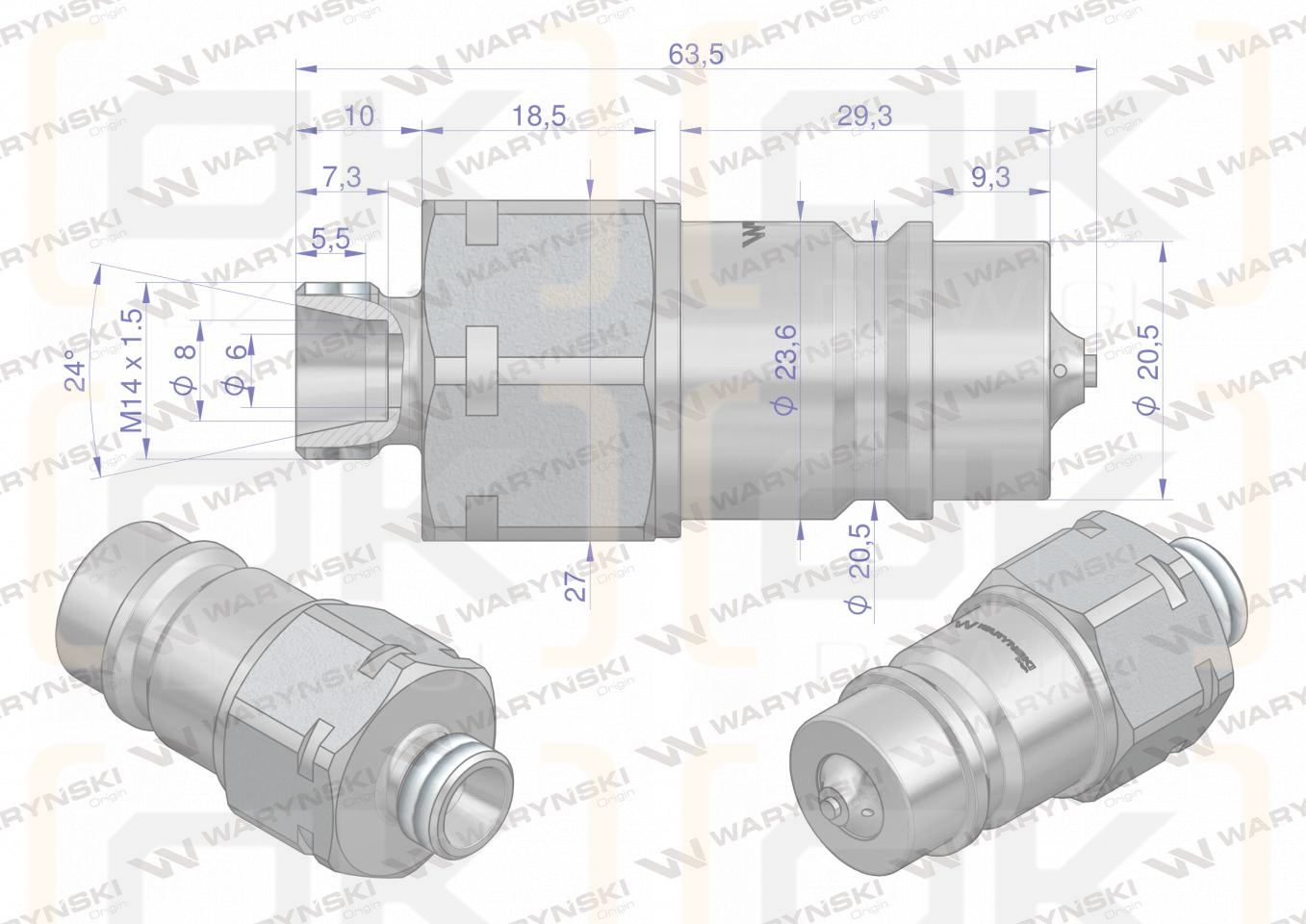 Szybkozłącze hydrauliczne wtyczka M14x1.5 gwint zewnętrzny EURO (ISO 7241-A) z eliminatorem ciśnienia Waryński