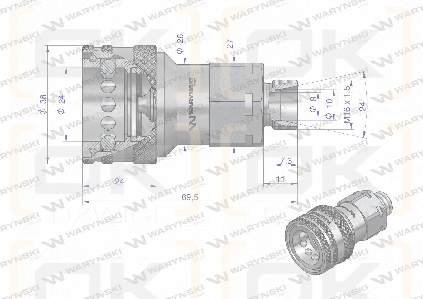 Szybkozłącze hydrauliczne gniazdo M16x1.5 gwint zewnętrzny EURO (9100816G) (ISO 7241-A) Waryński