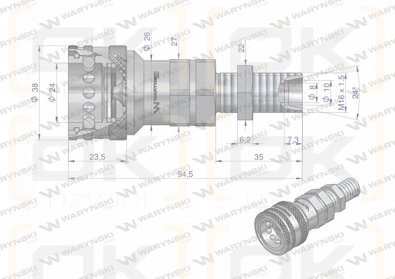 Szybkozłącze hydrauliczne gniazdo long M16x1.5 gwint zewnętrzny EURO (9100816GL) (ISO 7241-A) Waryński