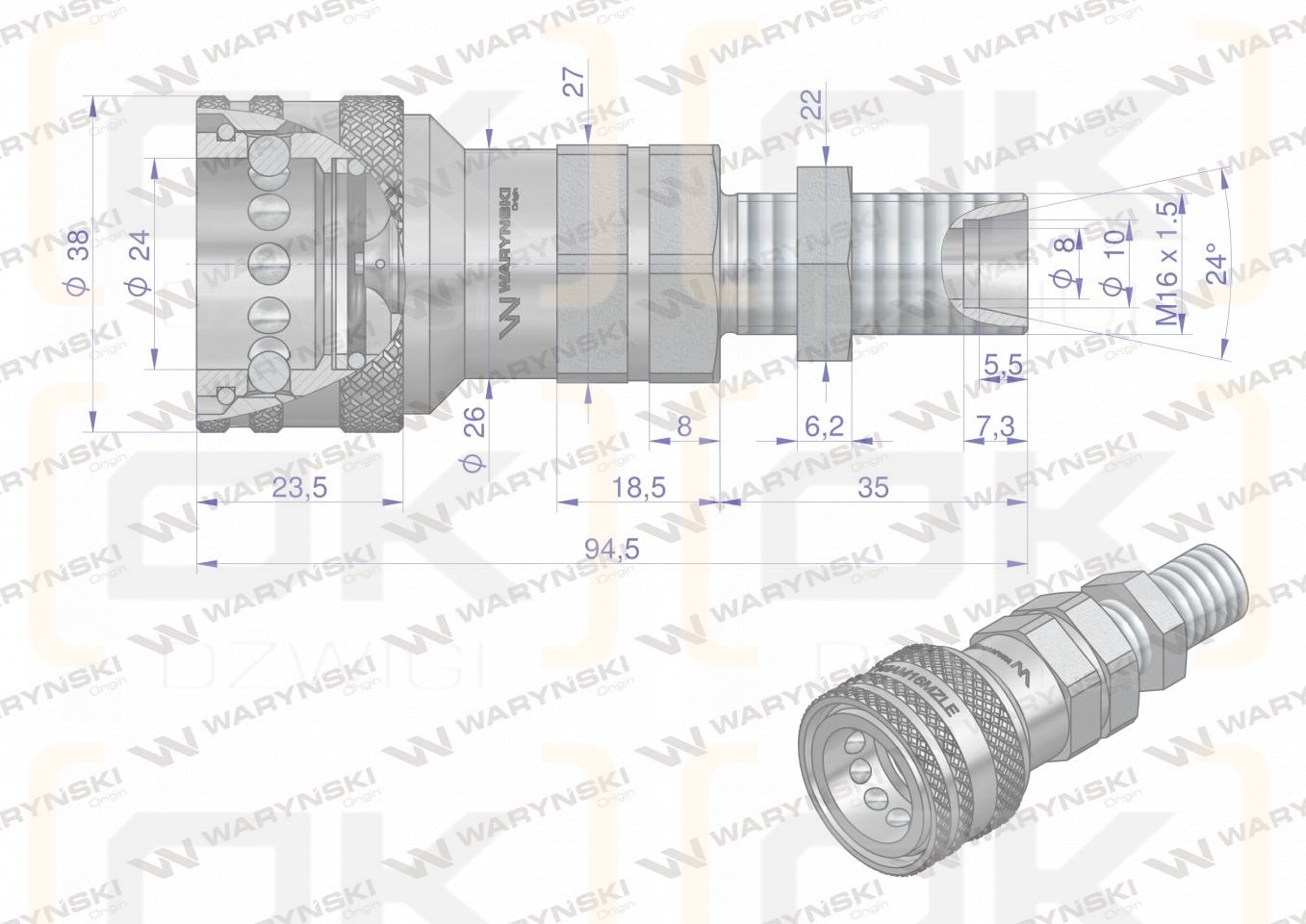Szybkozłącze hydrauliczne gniazdo long M16x1.5 gwint zewnętrzny EURO (ISO 7241-A) z eliminatorem ciśnienia Waryński