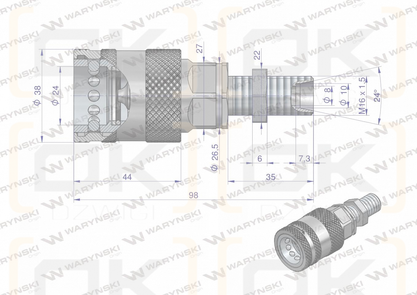 Szybkozłącze hydrauliczne gniazdo long M16x1.5 gwint zewnętrzny EURO PUSH-PULL (9100816GL) (ISO 7241-A) Waryński