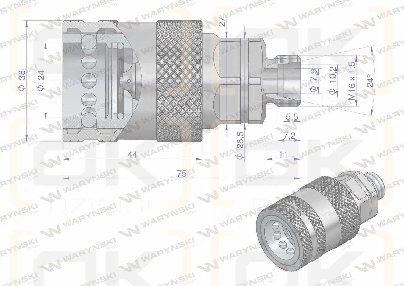 Szybkozłącze hydrauliczne gniazdo M16x1.5 gwint zewnętrzny EURO PUSH-PULL (ISO 7241-A) z eliminatorem ciśnienia Waryński