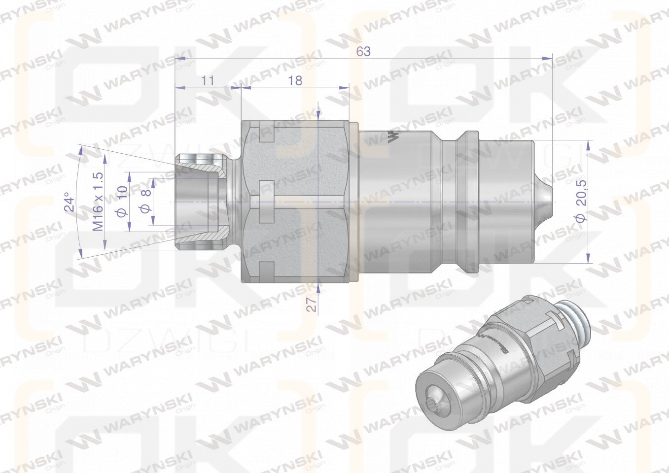 Szybkozłącze hydrauliczne wtyczka M16x1.5 gwint zewnętrzny EURO (9100816W) (ISO 7241-A) Waryński