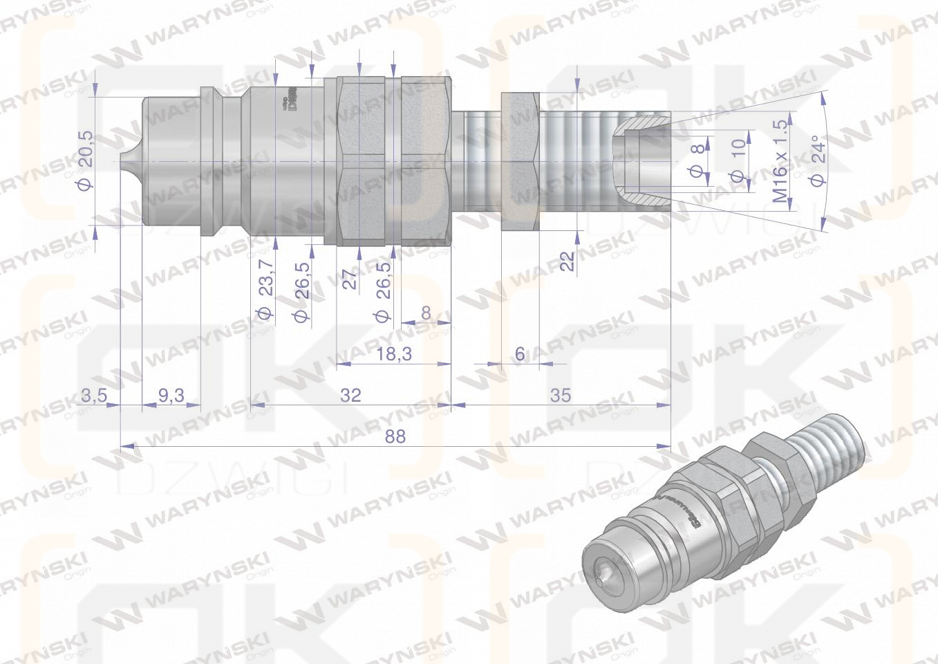 Szybkozłącze hydrauliczne wtyczka long M16x1.5 gwint zewnętrzny EURO (9100816W) (ISO 7241-A) Waryński