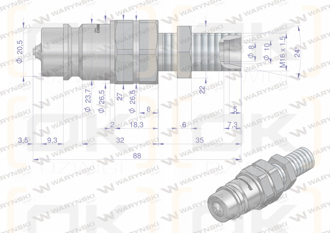 Szybkozłącze hydrauliczne wtyczka long M16x1.5 gwint zewnętrzny EURO (ISO 7241-A) z eliminatorem ciśnienia Waryński