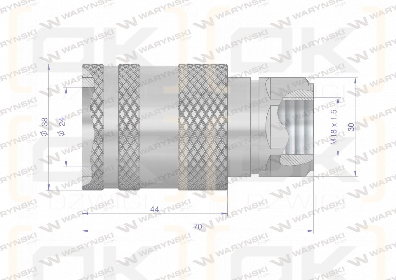 Szybkozłącze hydrauliczne gniazdo M18x1.5 gwint wewnętrzny EURO PUSH-PULL (ISO 7241-A) Waryński